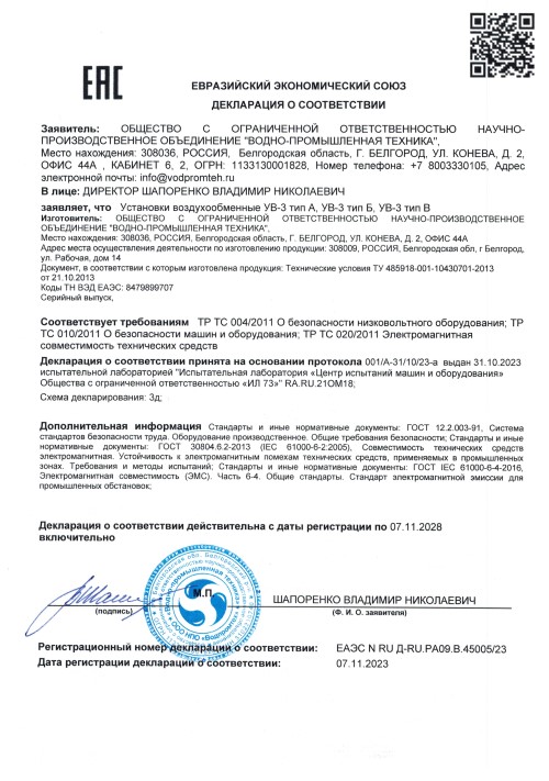 Декларация о соответствии требованиям ТР  ТС на продукцию «Установки воздухообменные»